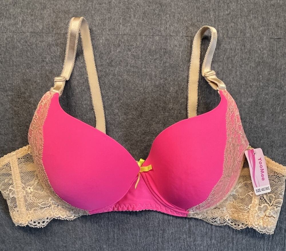 NEW WITH TAGS YooMee 40C 90C Push Up Padded Bra Hot Pink Beige Lace Underwire